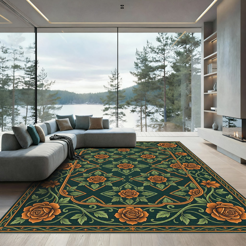 Ornate Amber Rose Garden Scroll Rug
