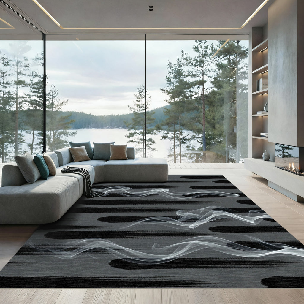 Monochromatic Brushstroke Smoke Waves Rug