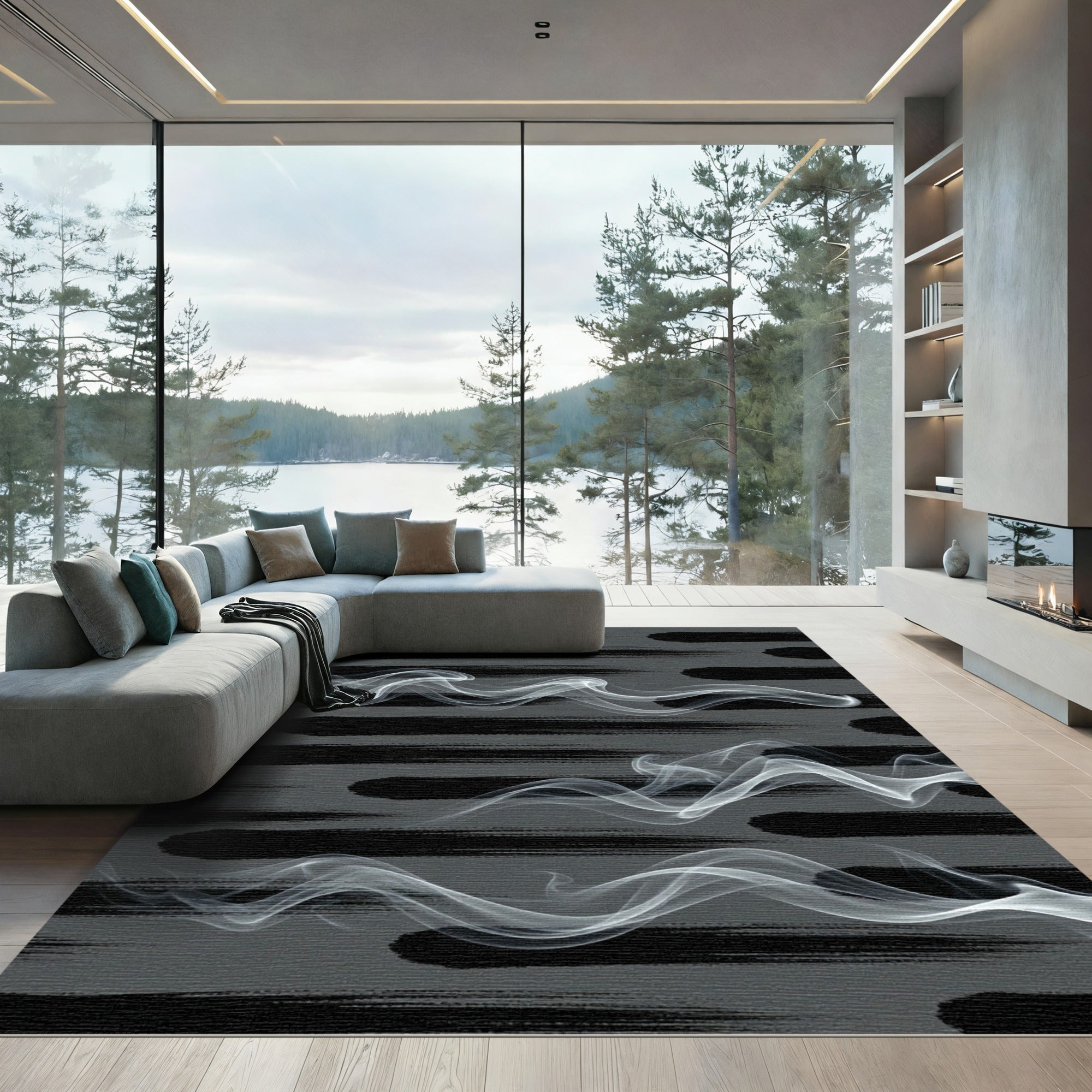 Monochromatic Brushstroke Smoke Waves Rug