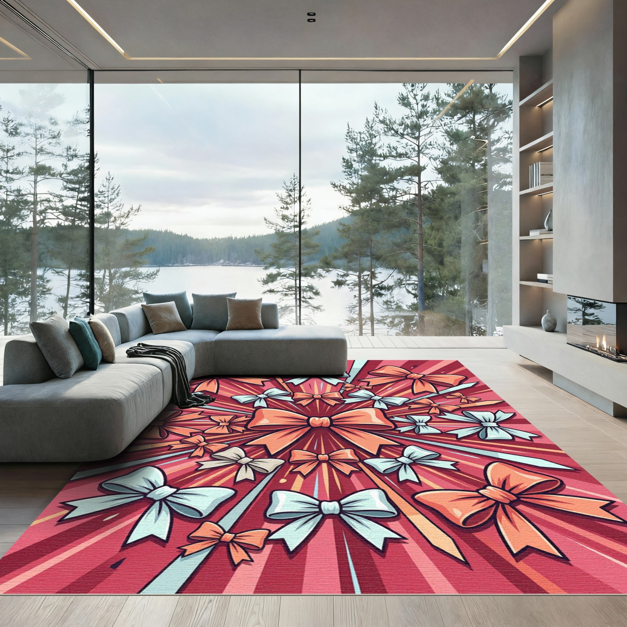 Vibrant Coral and Teal Radiant Bows Rug