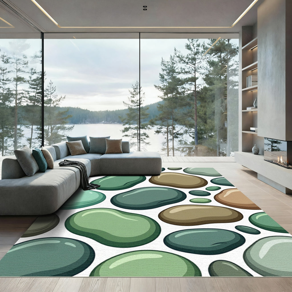 Earthy Green Smooth Pebbles Tumbled Arrangement Rug