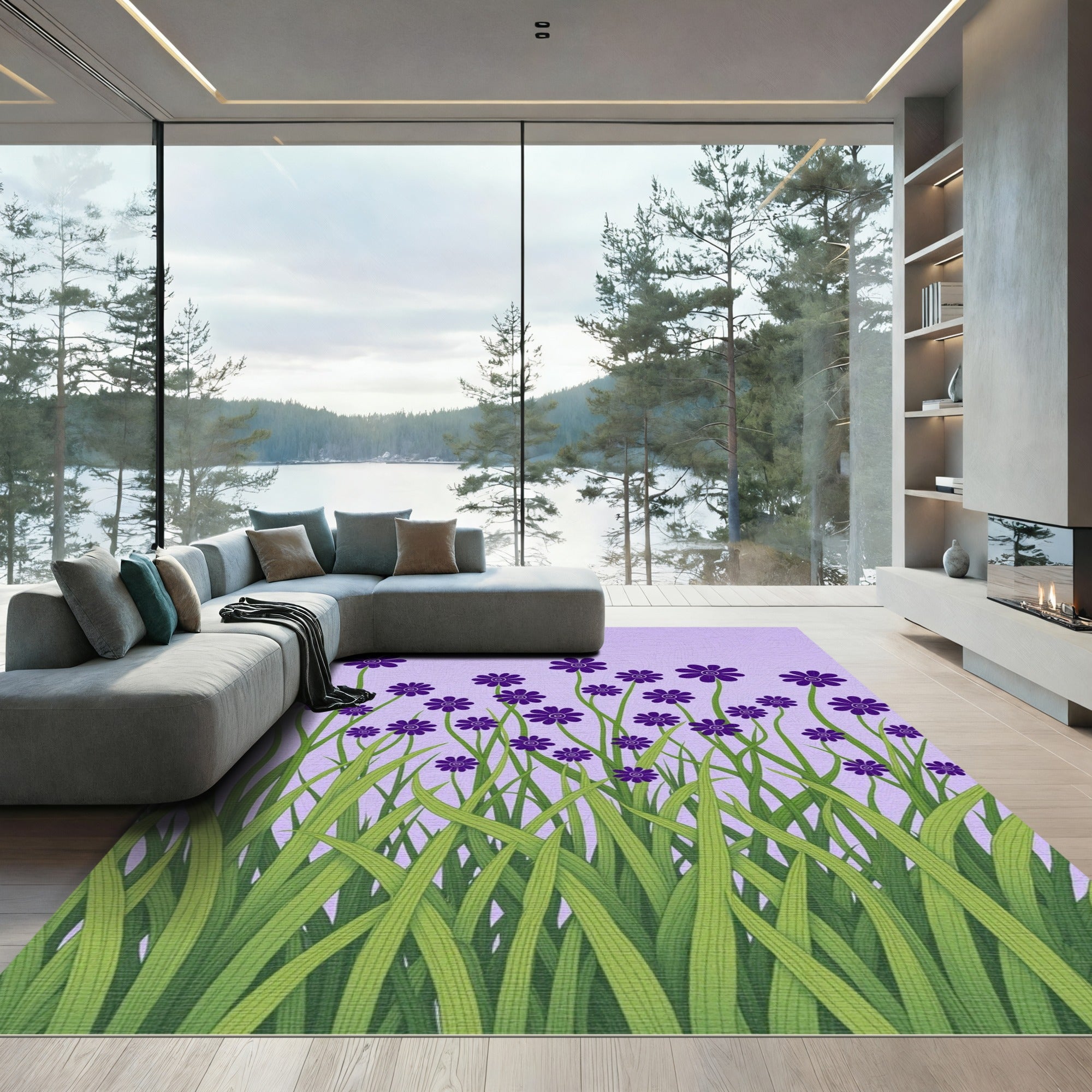 Field Of Purple Flowers With Grass Rug