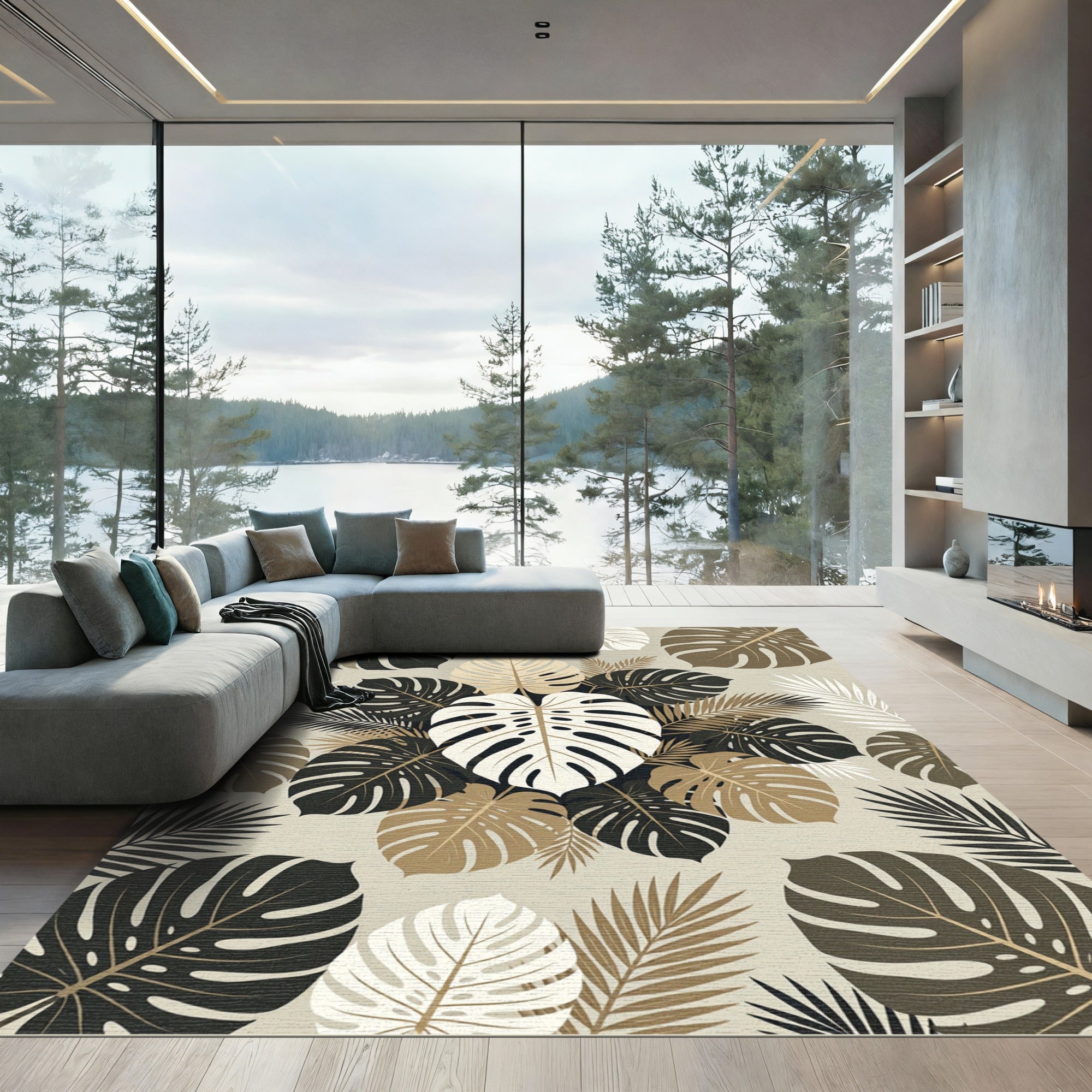 Neutral Tropical Monstera Leaf Botanical Rug