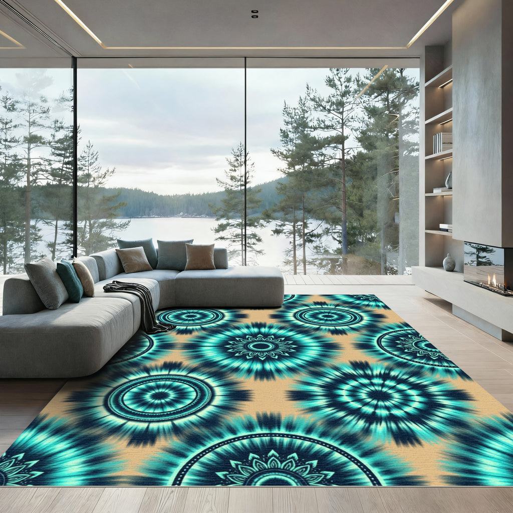 Radiant Teal Celestial Sunburst Mandala Rug