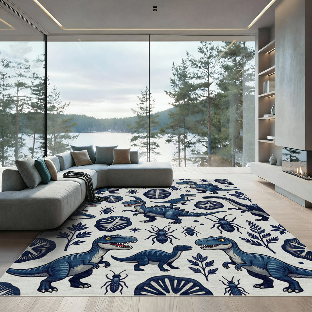 Blue Prehistoric Dinosaur and Fossil Illustration Rug