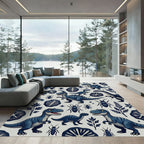 Blue Prehistoric Dinosaur and Fossil Illustration Rug