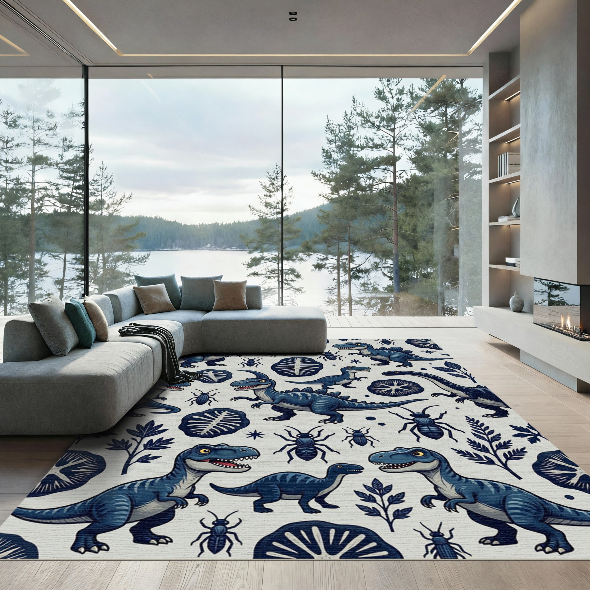 Blue Prehistoric Dinosaur and Fossil Illustration Rug
