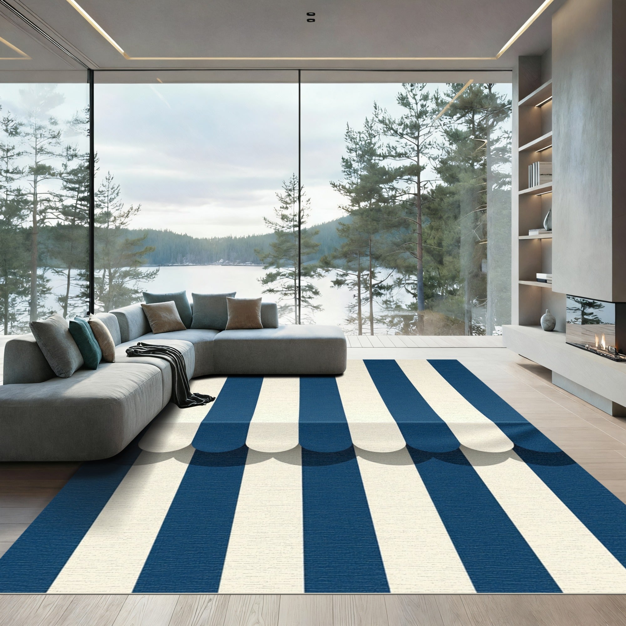 Classic Navy Blue Vertical Striped Rug