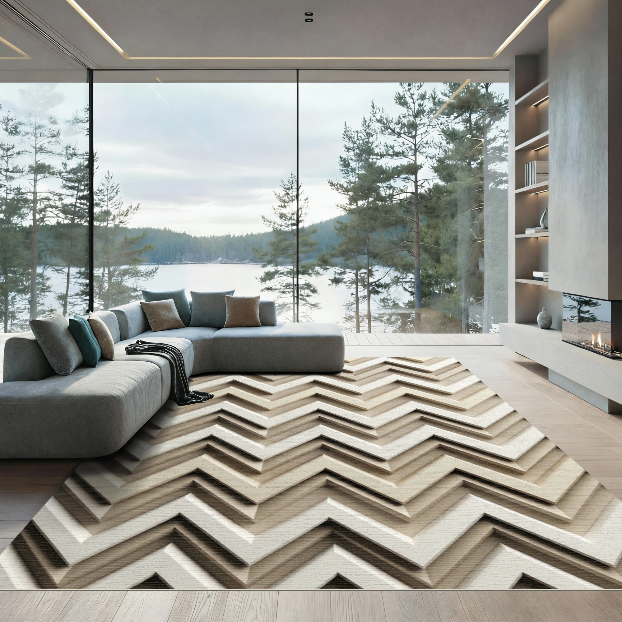 Neutral Beige Chevron Zigzag Loom Rug