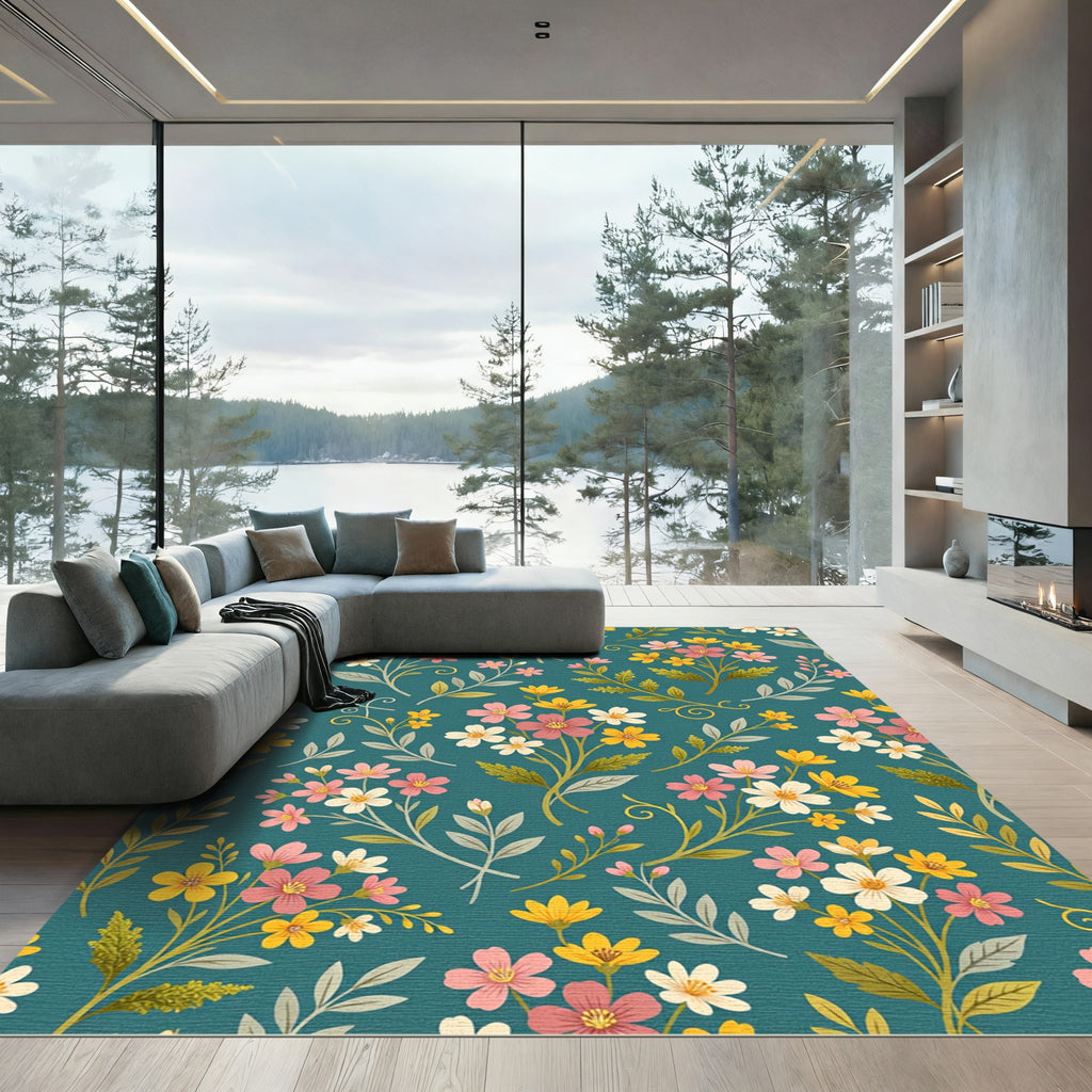 Teal Background Floral Bouquet Collage Rug