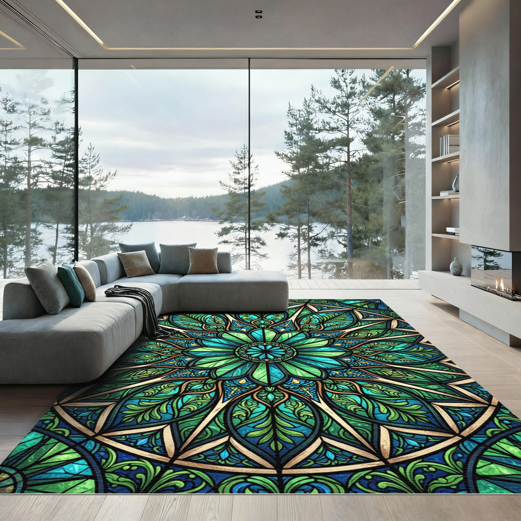 Emerald Stained Glass Radial Bloom Rug