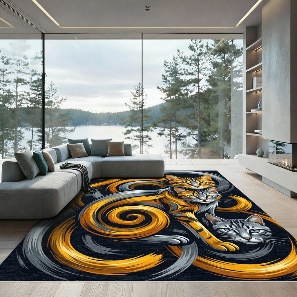 Dynamic Orange Gray Swirl Cats Rug