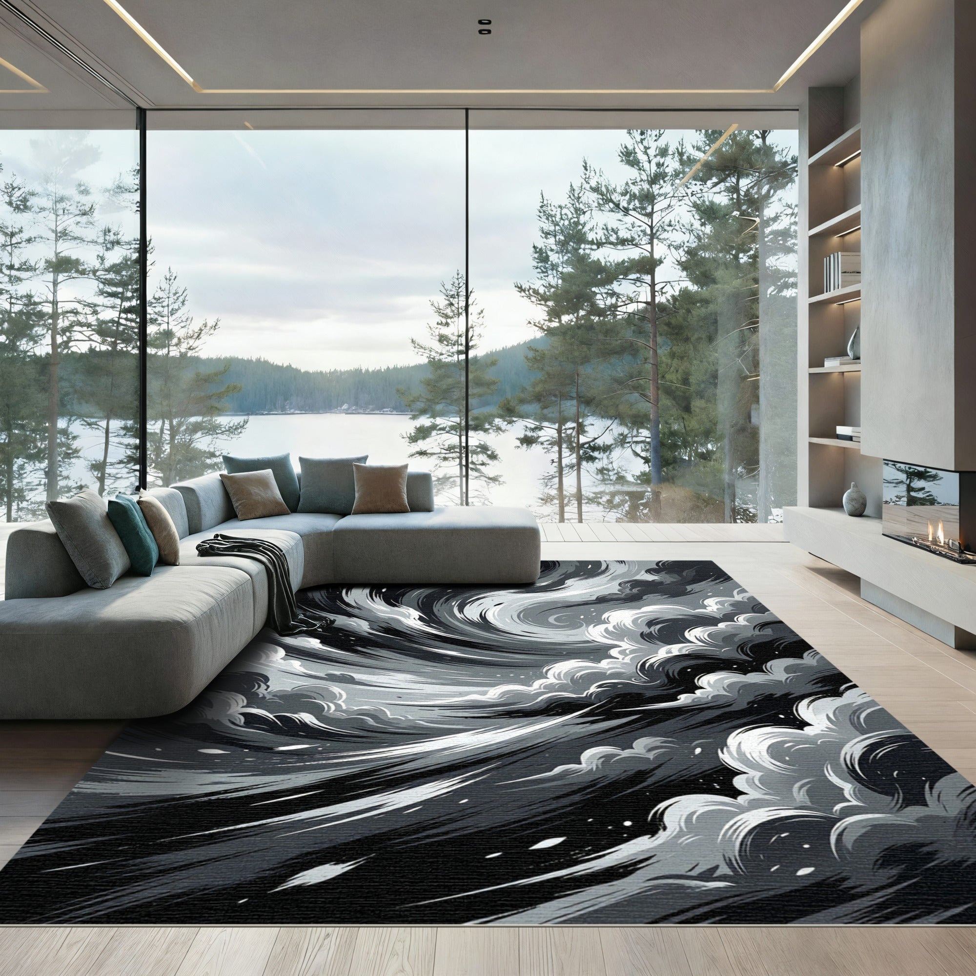 Dramatic Grey Swirling Cloudscape Rug