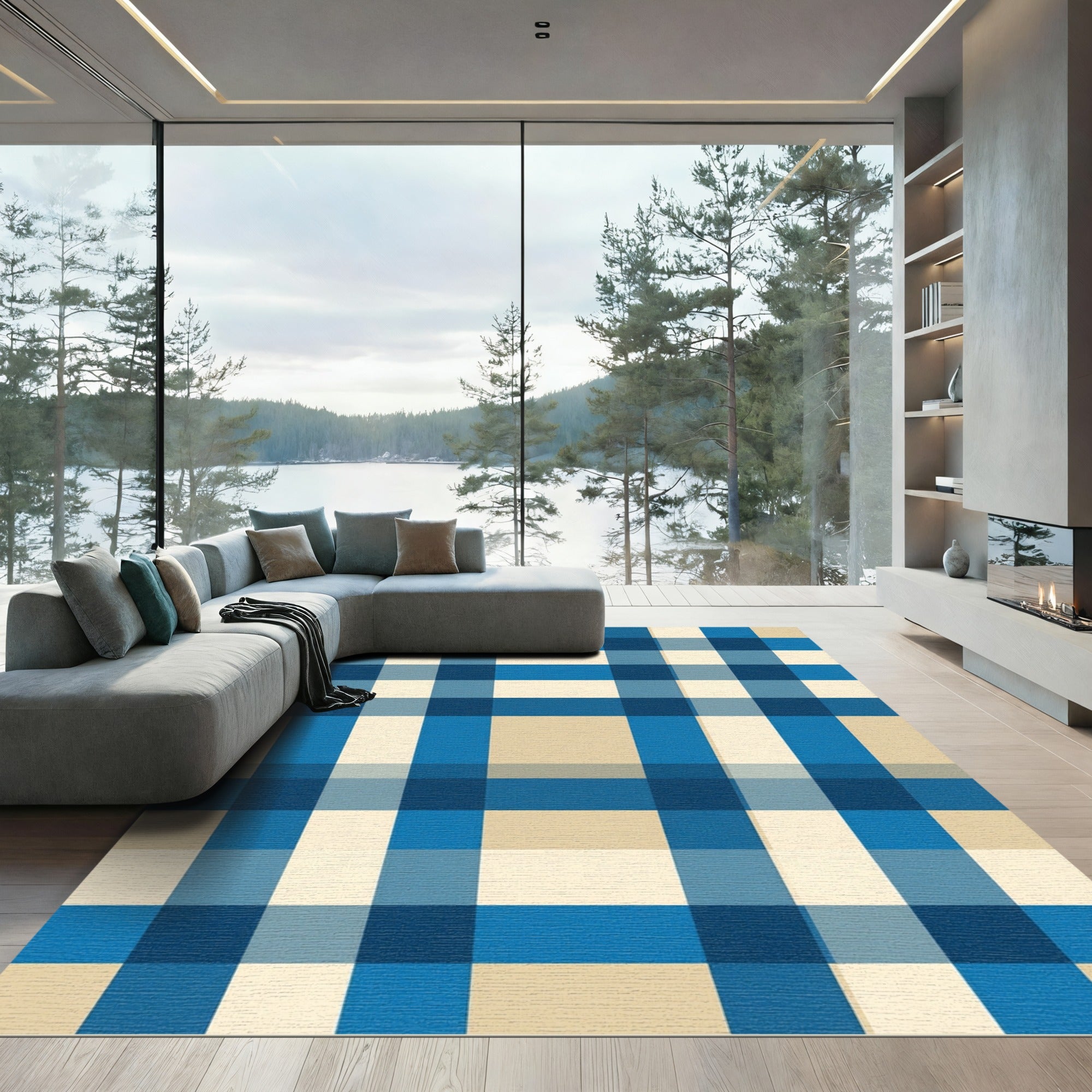 Blue and Cream Plaid Grid Rug