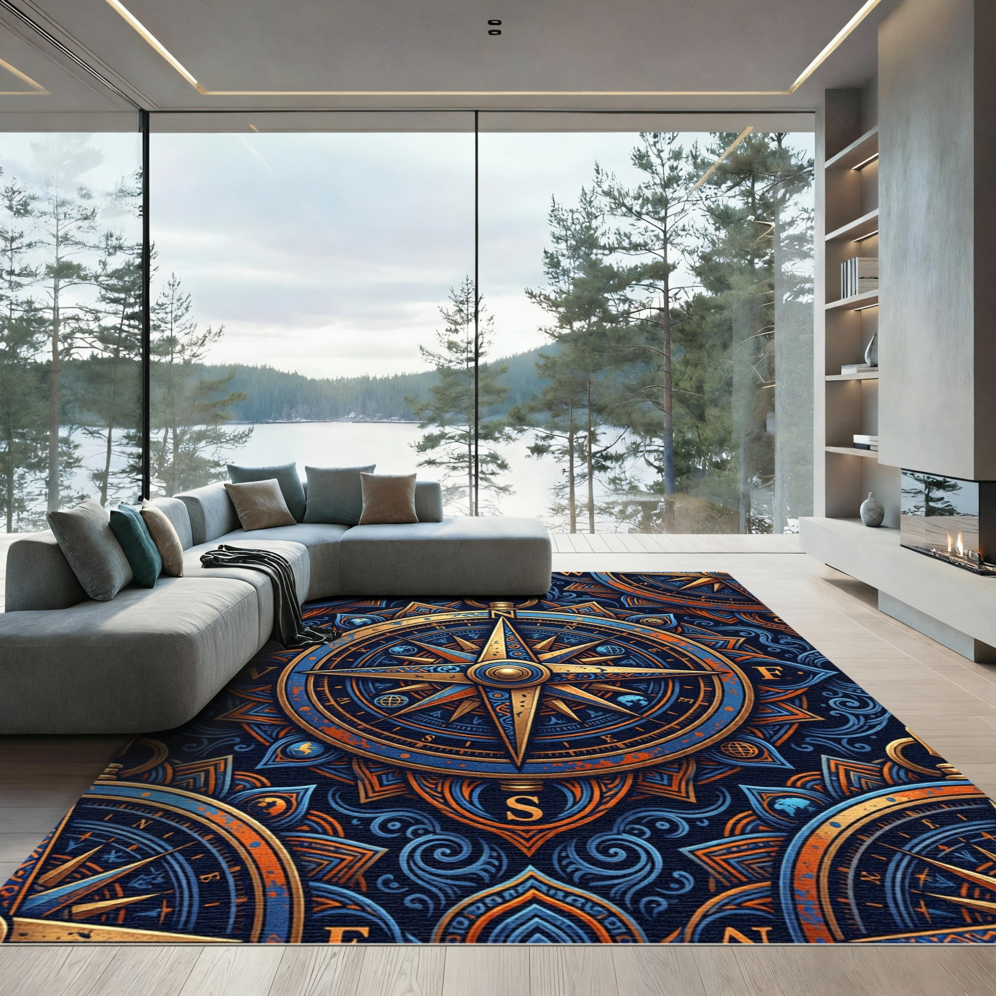 Golden Compass Celestial Blue Swirl Art Rug