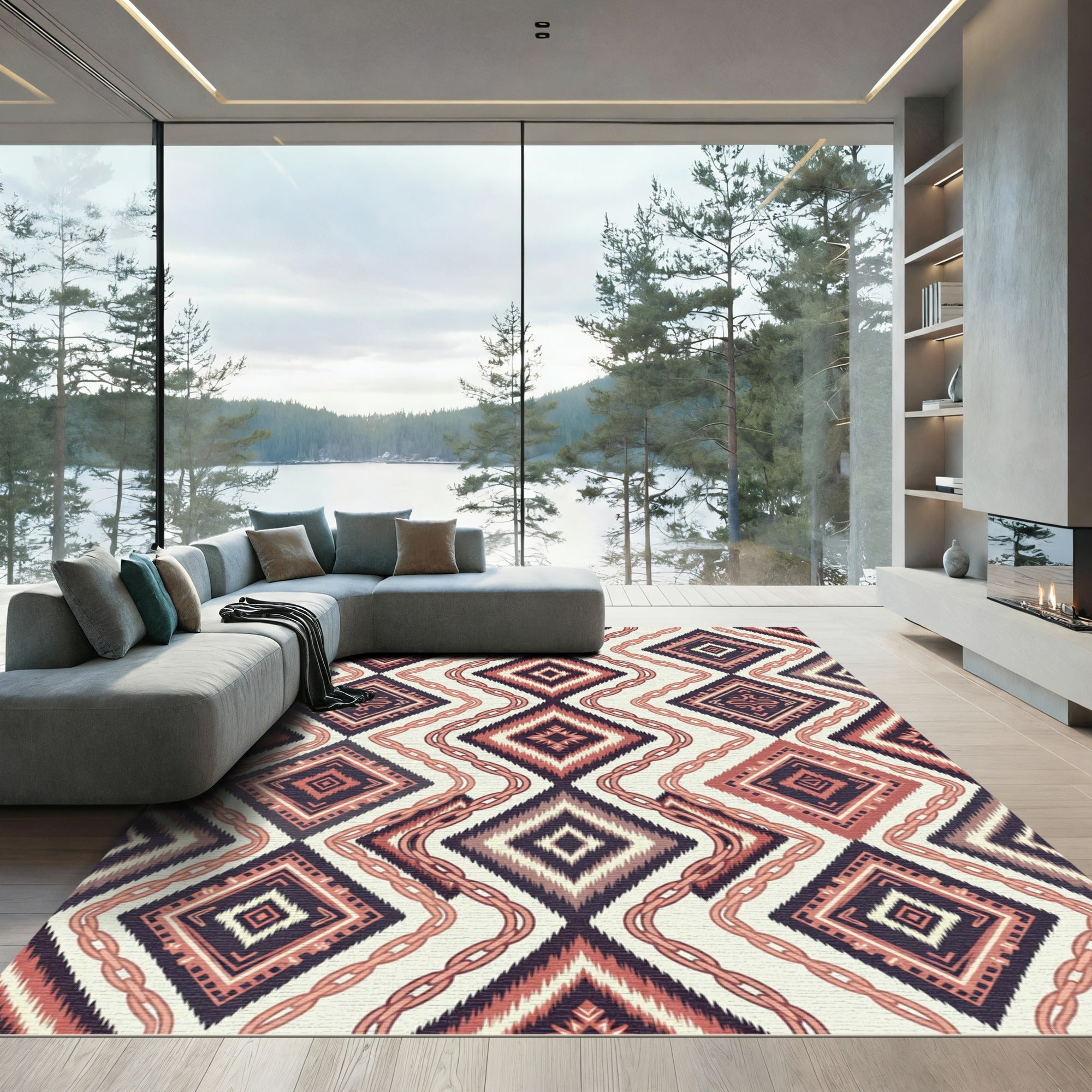Geometric Diamond Chain Red Rug