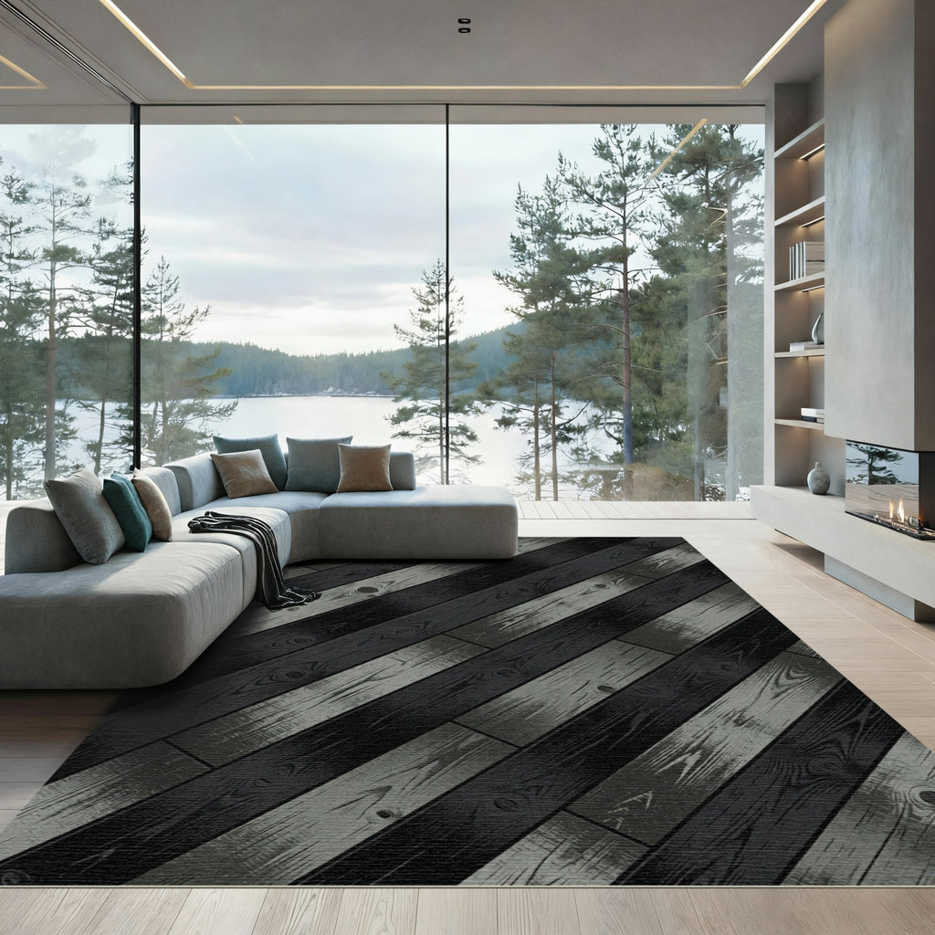 Modern Diagonal Charcoal Plank Texture Rug