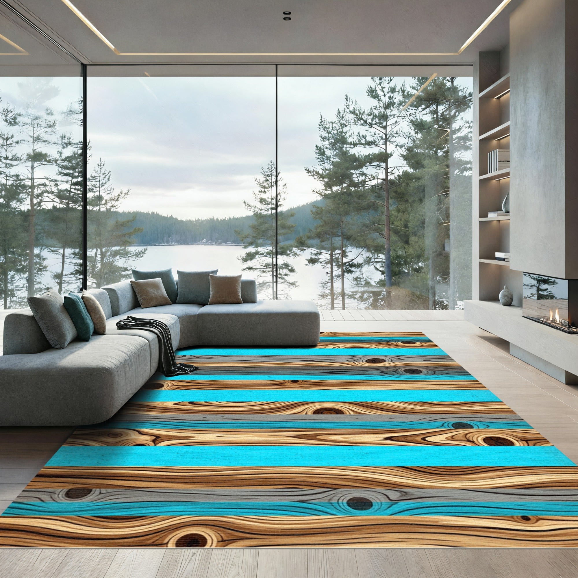 Wood Grain Blue Horizontal Stripes Rug