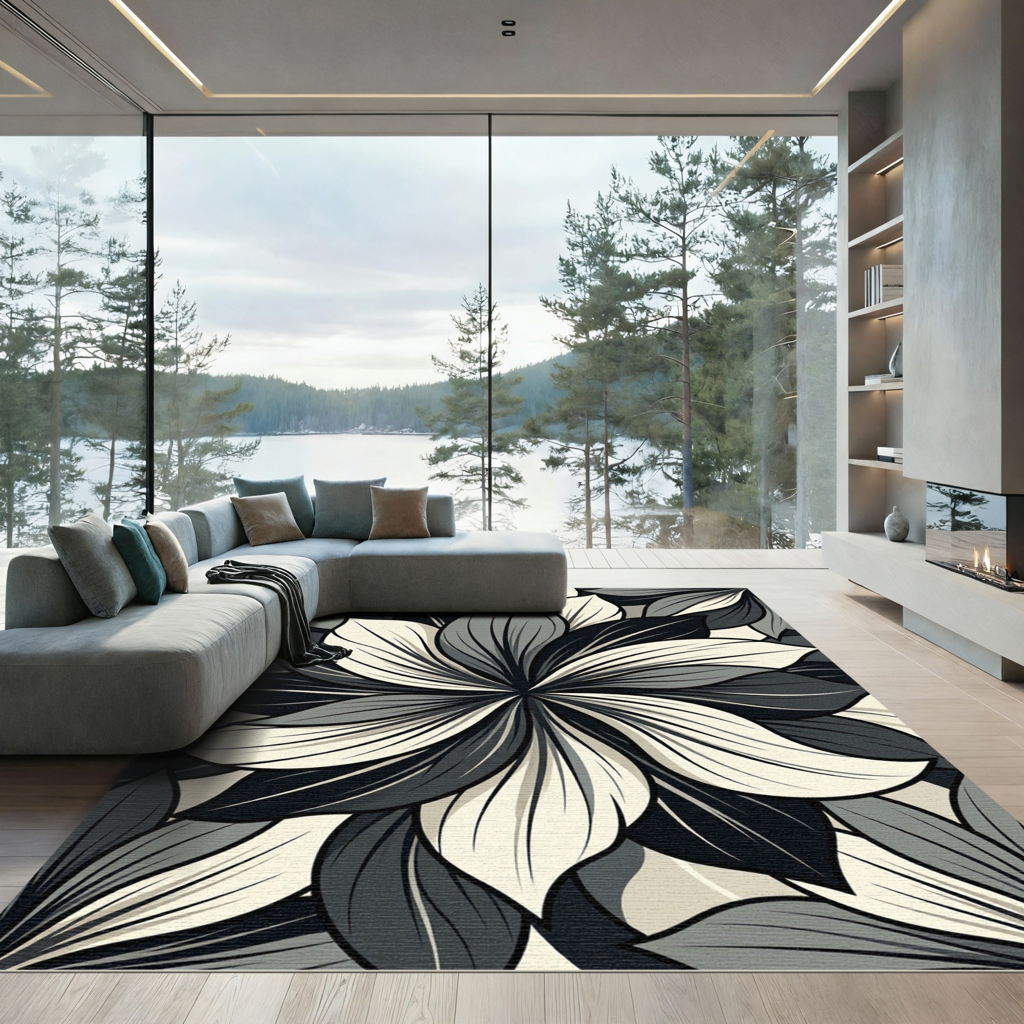 Monochrome Floral Petal Spiral Art Rug