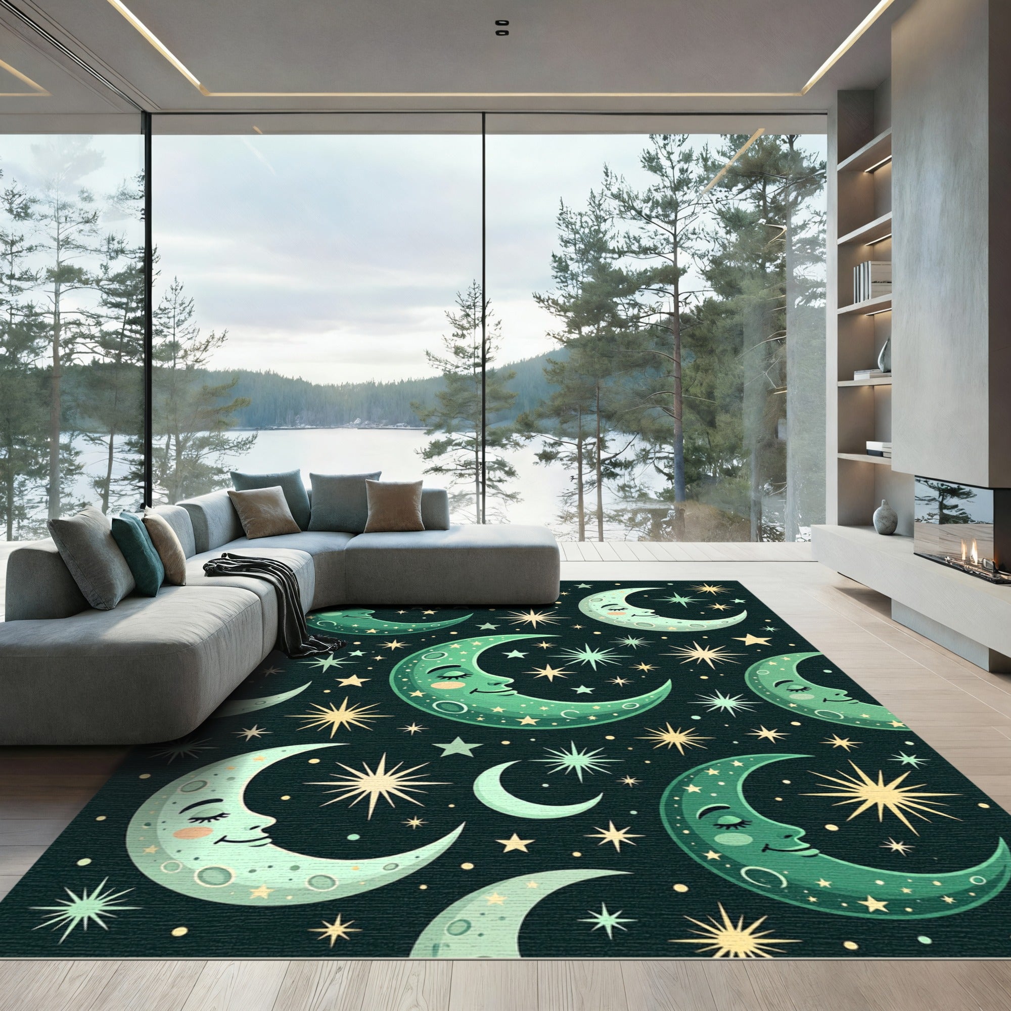 Whimsical Green Crescent Moon Stars Rug