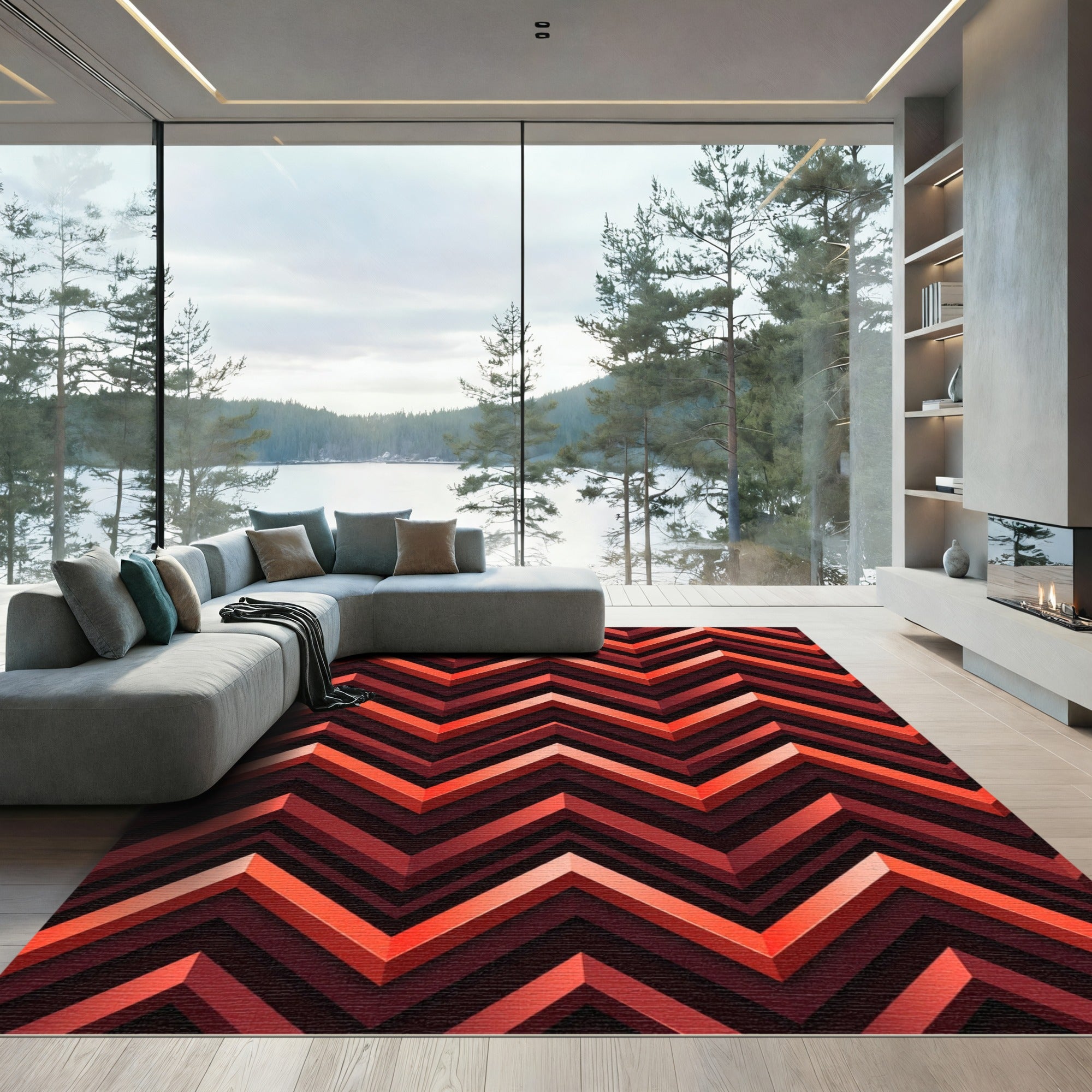 Red Orange Chevron Zigzag Overlay Rug