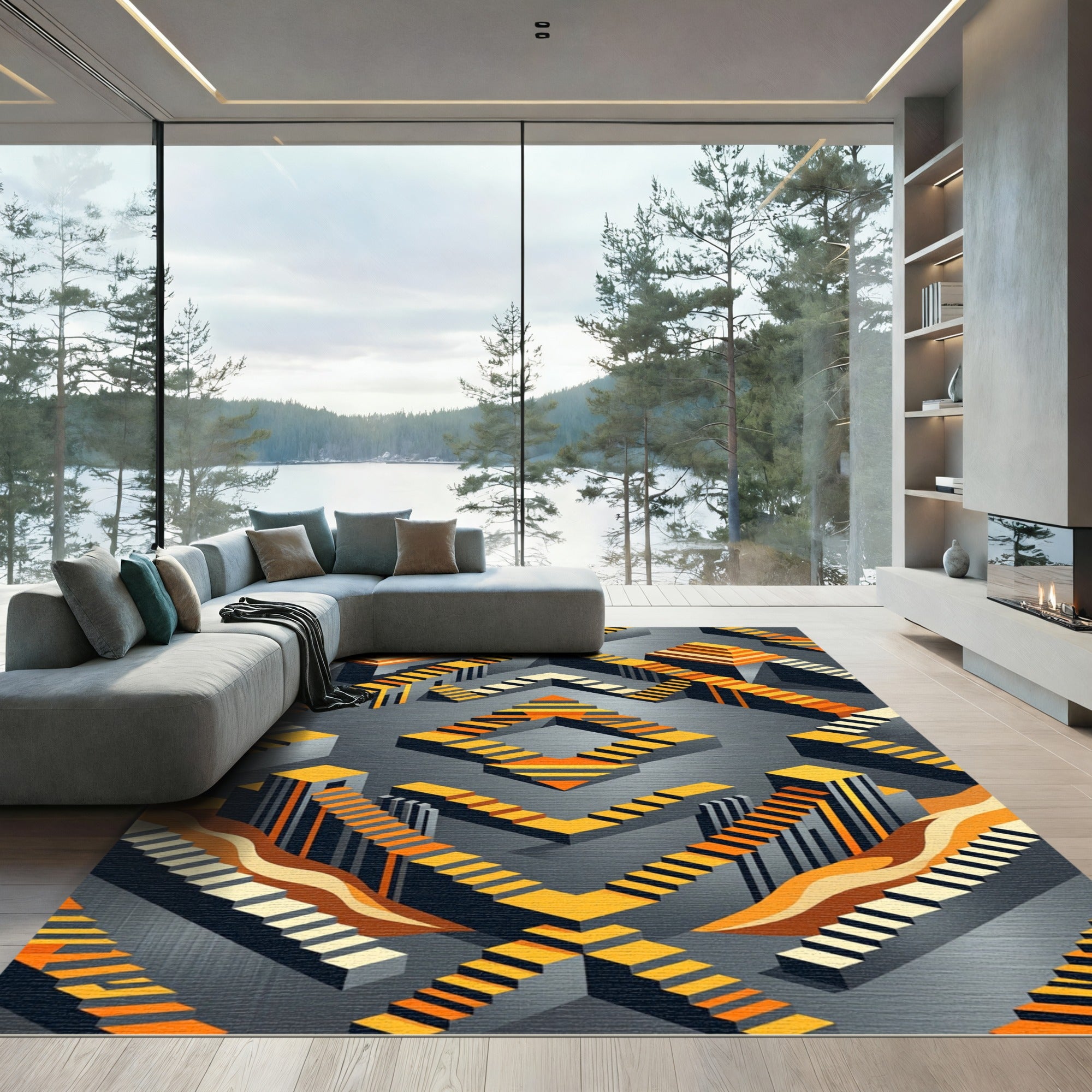 Orange Gray Abstract Geometric Steps Rug