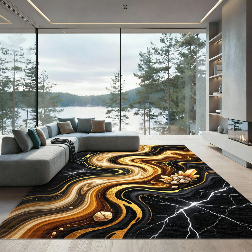 Majestic Black Gold Crystal Swirl Rug
