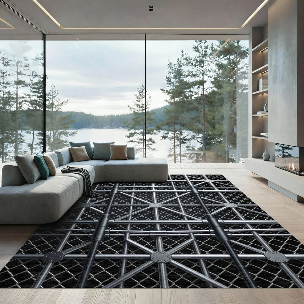 Industrial Silver Metallic Geometric Grid Rug