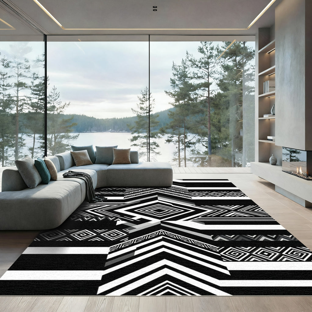 Monochrome Abstract Geometric Diamond Chevron Rug