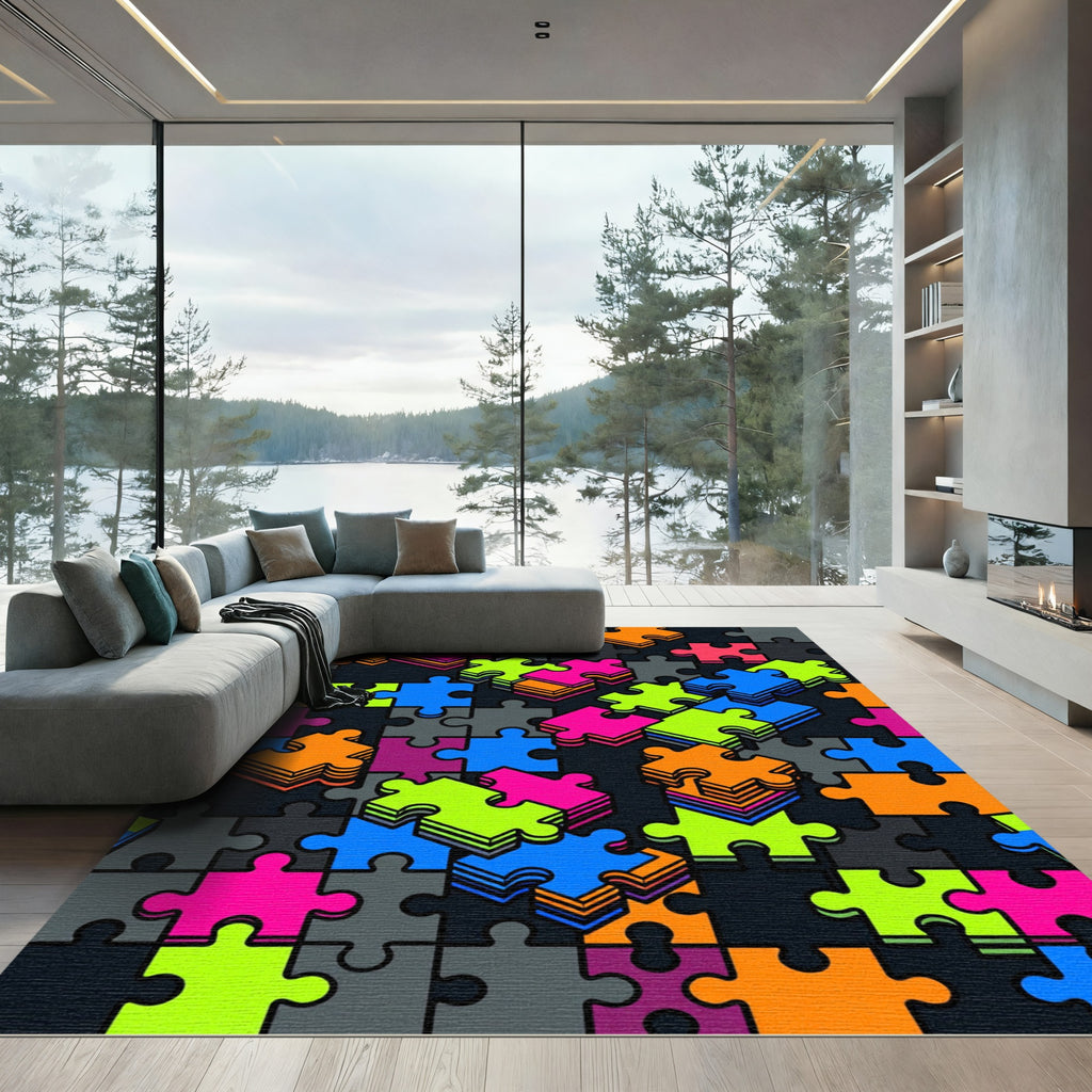 Vibrant Neon Interlocking Puzzle Art Rug