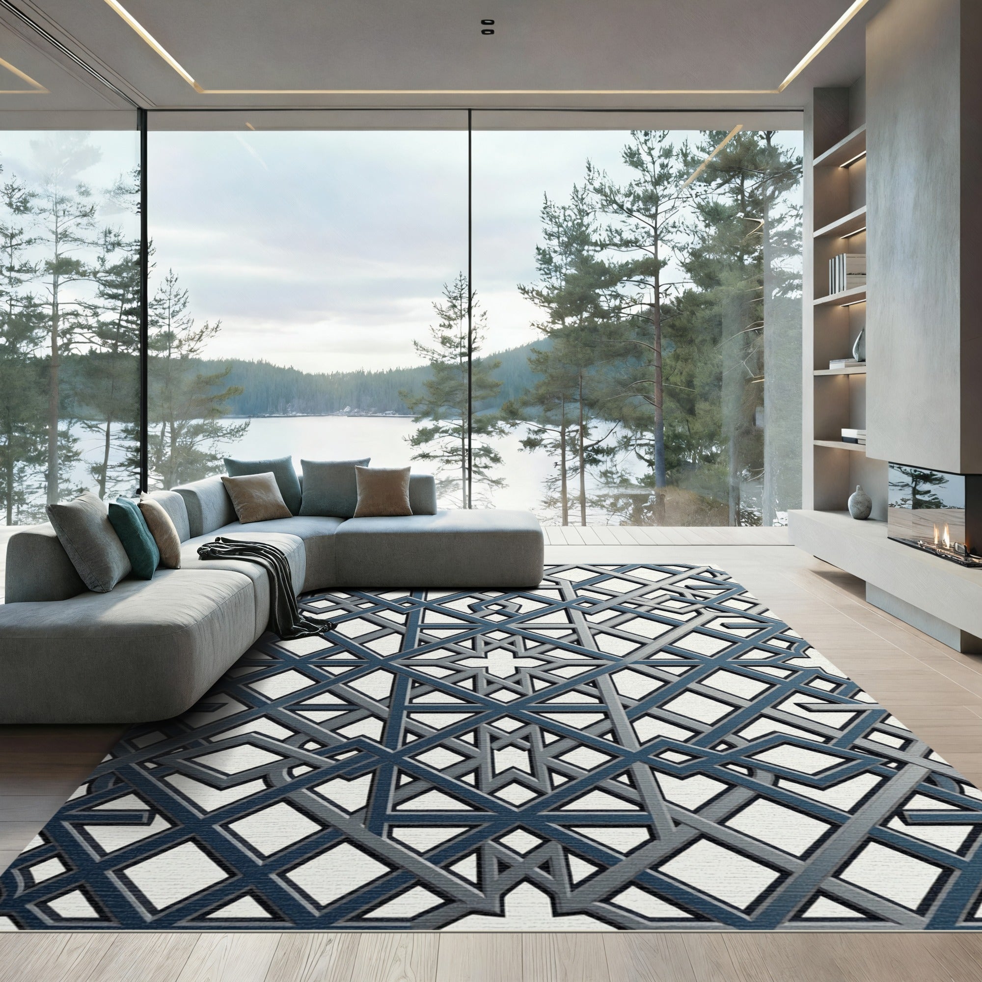 Sophisticated Midnight Geometric Lattice Grid Rug