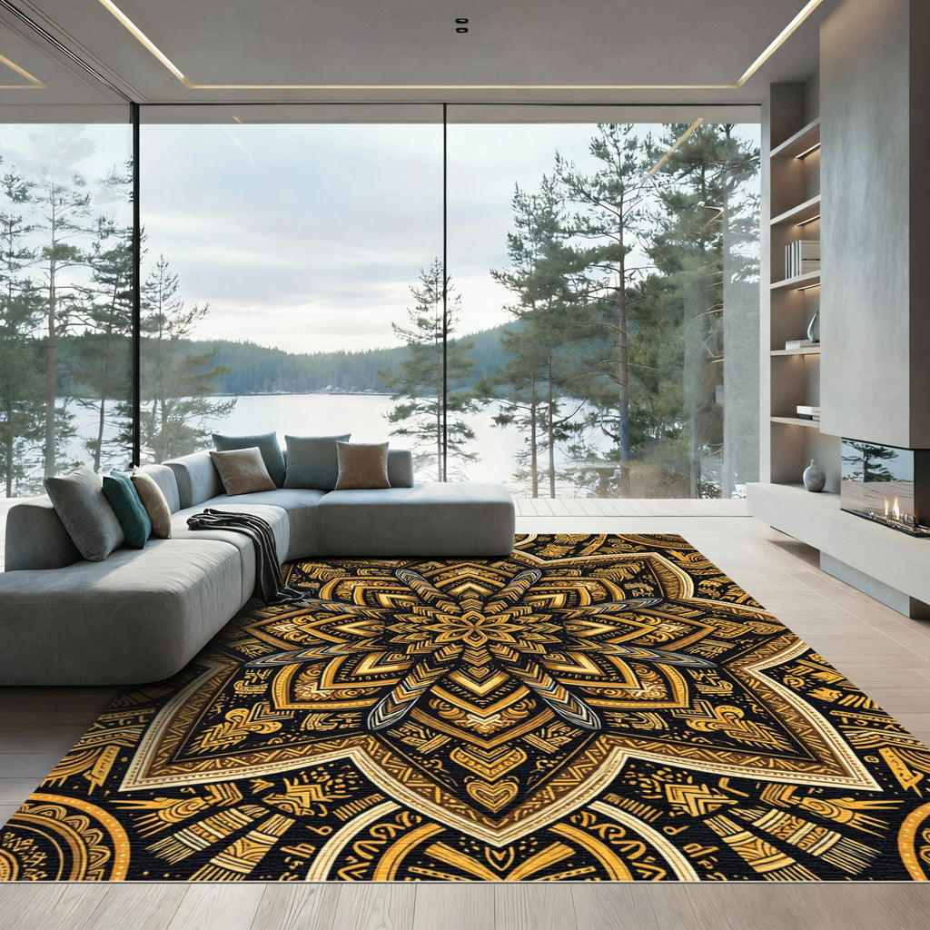 Gold Radiant Sunburst Geometric Mandala Rug