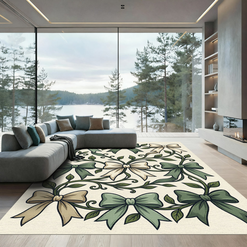 Sage Botanical Ribbon and Vine Illustration Rug