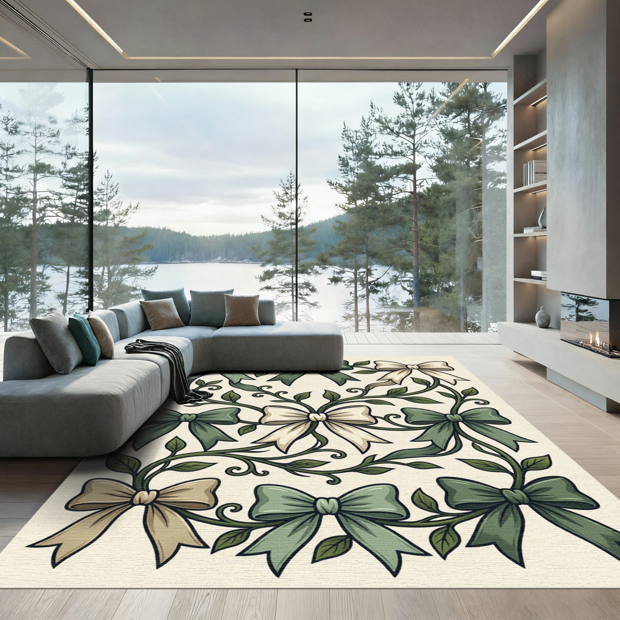 Sage Botanical Ribbon and Vine Illustration Rug