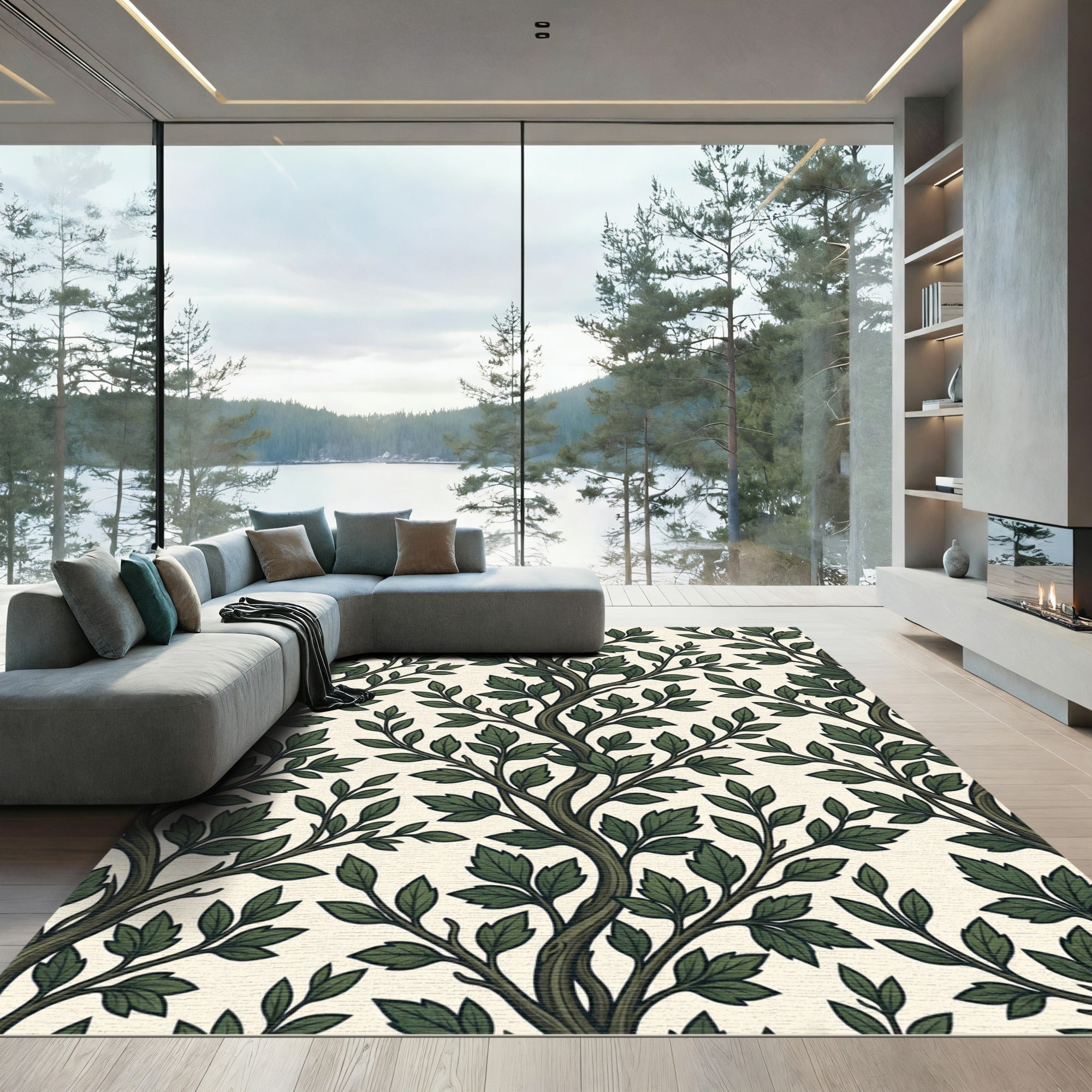 Earthy Forest Green Botanical Leaf Art Rug