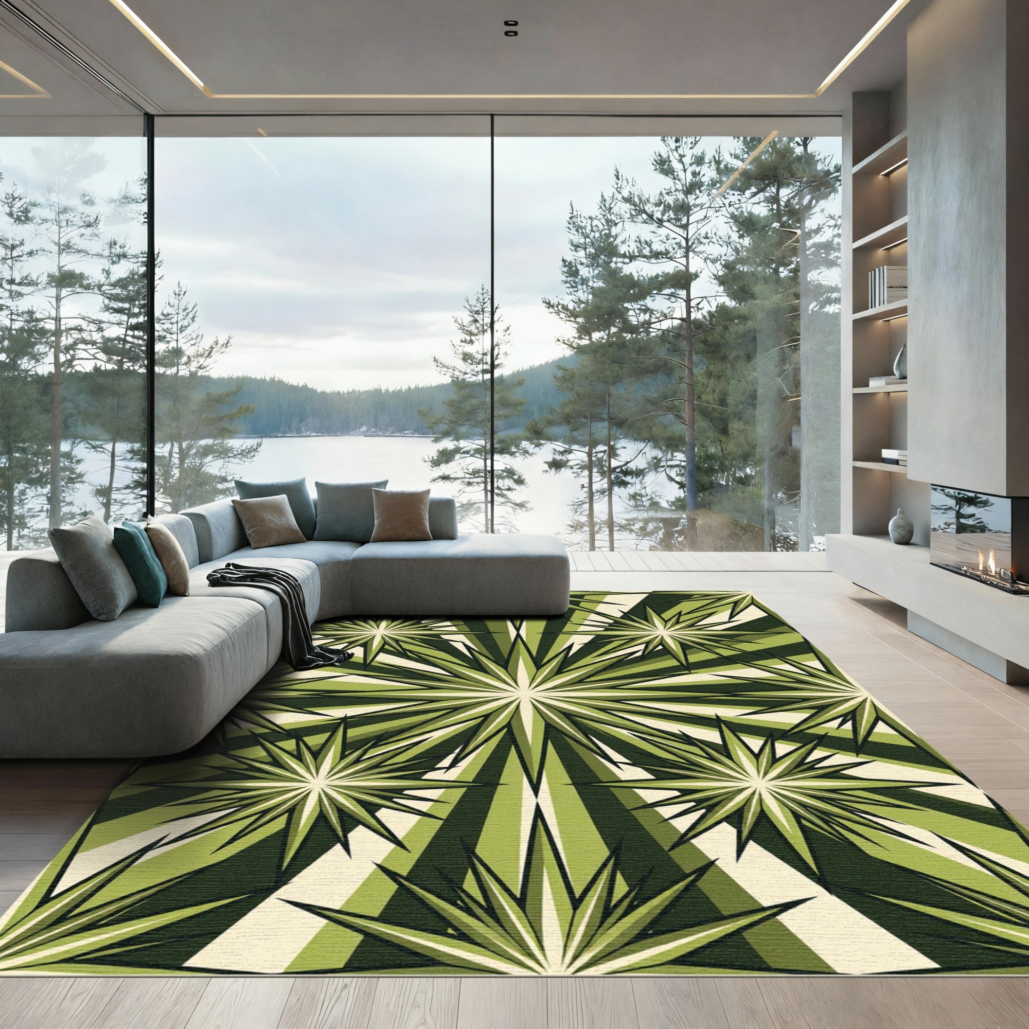Retro Olive Green Radiant Starburst Rug