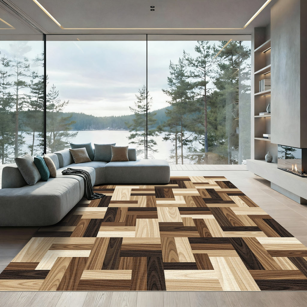 Geometric Parquet Wood Grain Block Rug