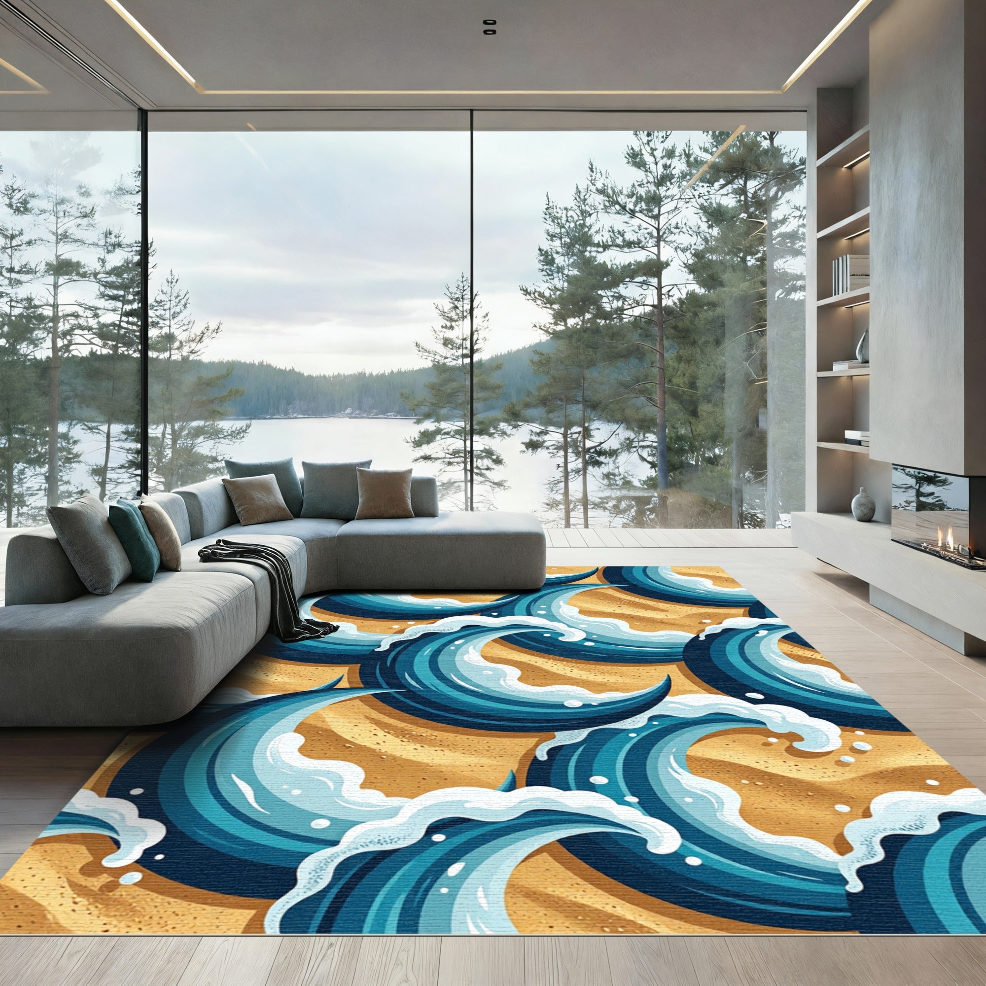Coastal Blue Overlapping Ocean Wave Decor Rug