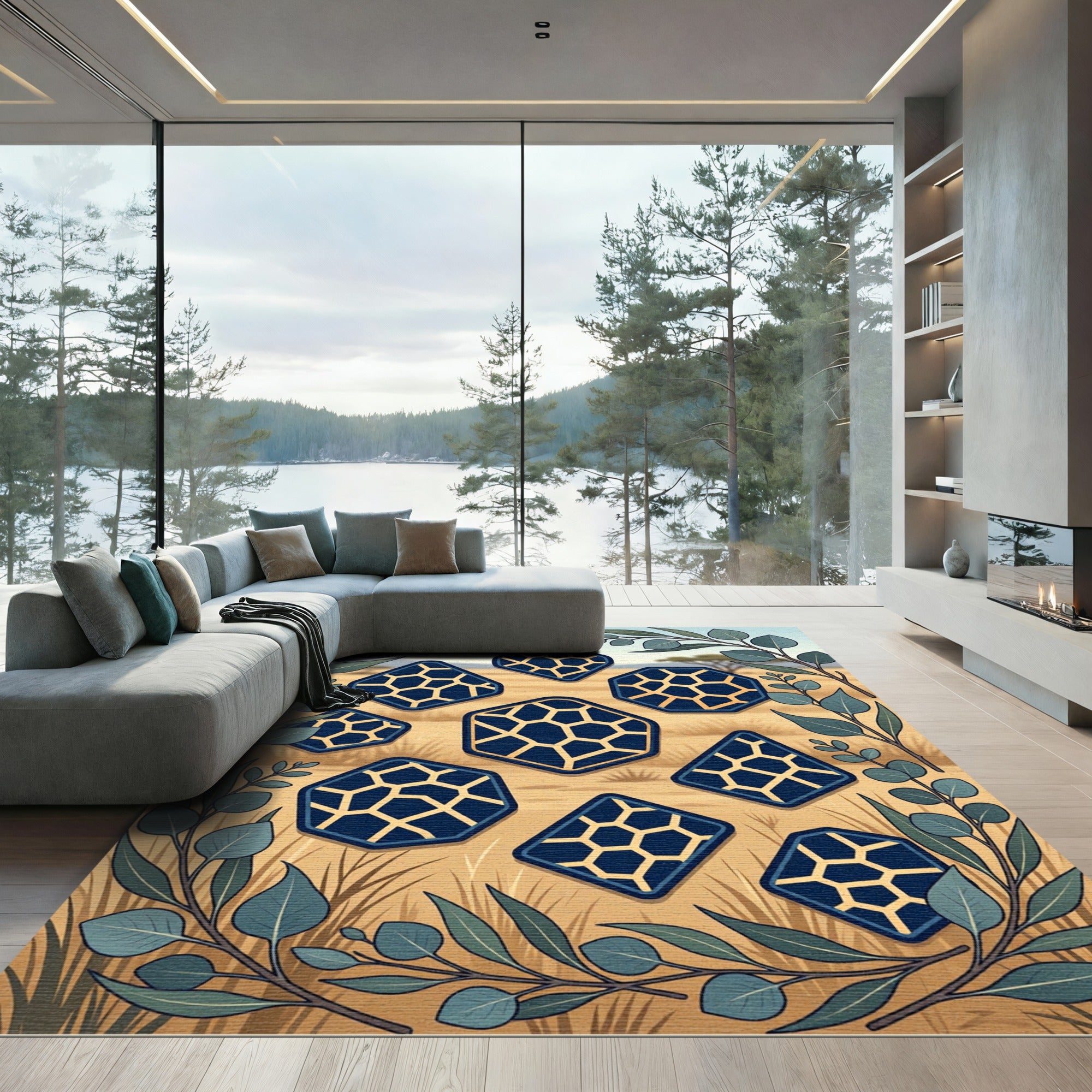 Navy Blue Geometric Hexagon Safari Mosaic Rug