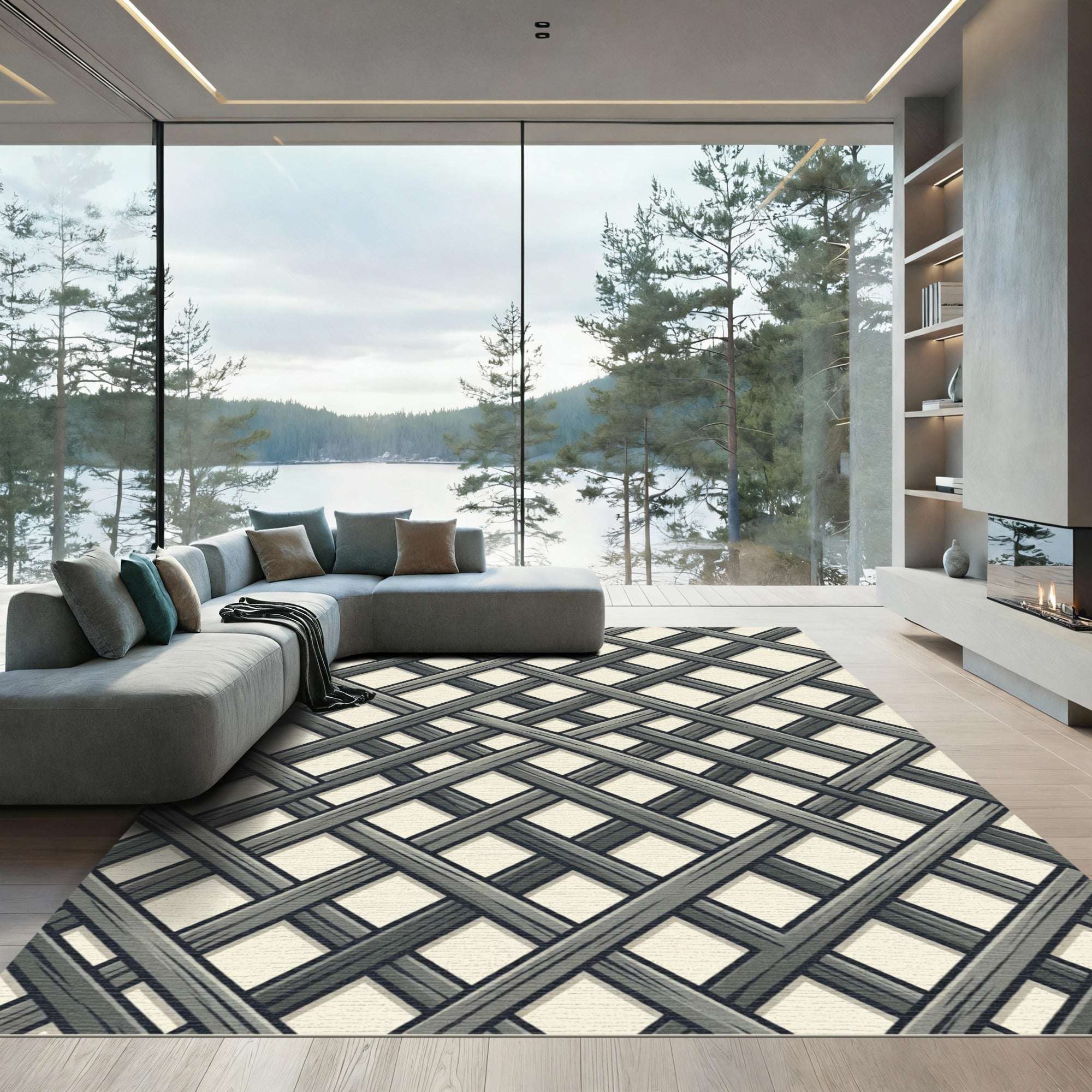 Rustic Gray Wood Lattice Diagonal Rug