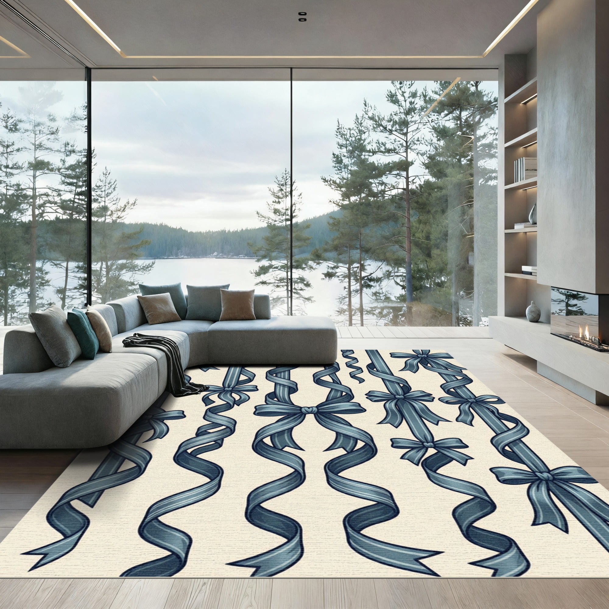 Elegant Blue Ribbon Bow Vertical Stripe Rug