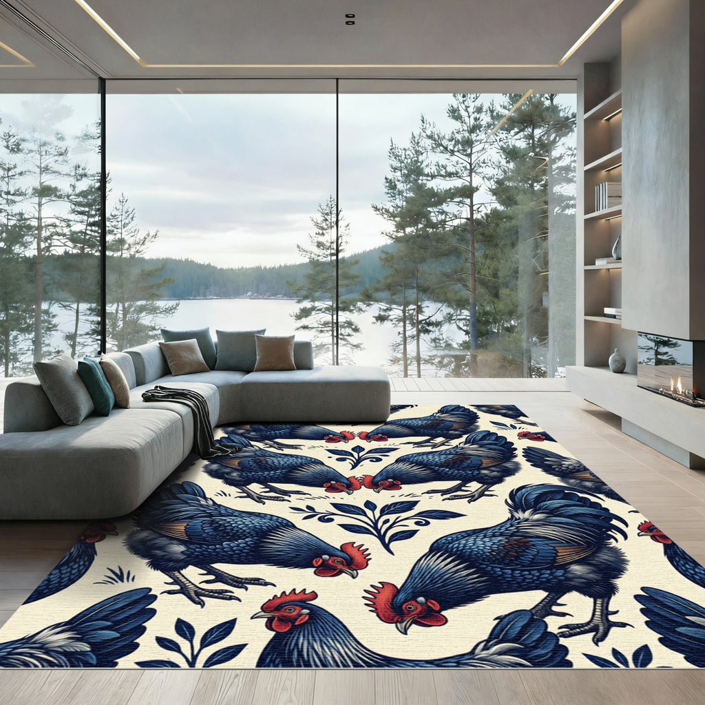 Folk Art Indigo Rooster Floral Tile Rug
