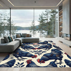 Folk Art Indigo Rooster Floral Tile Rug