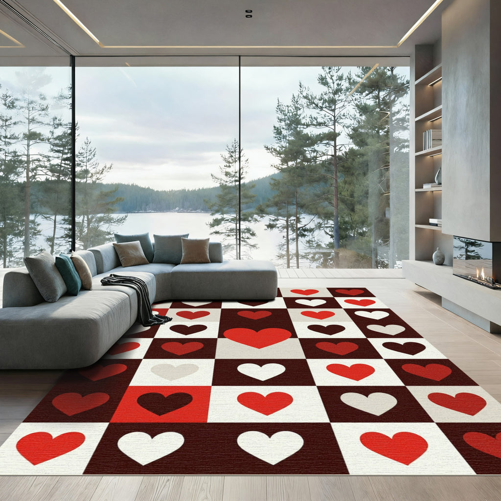 Bold Red White Heart Checker Rug