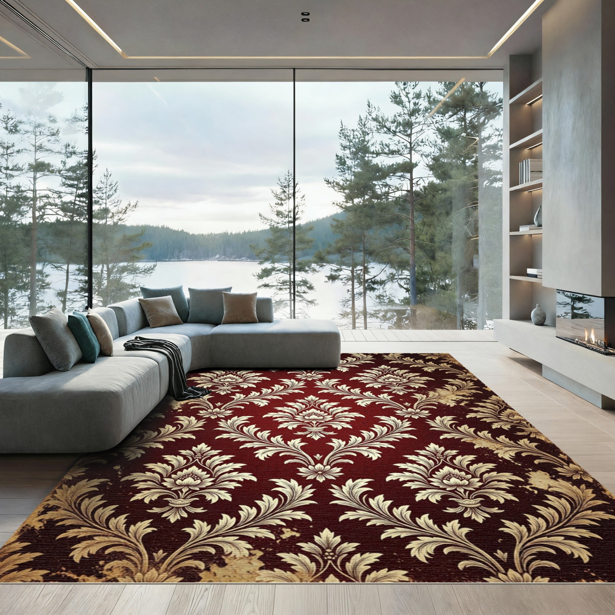 Deep Red Vintage Damask Floral Rug