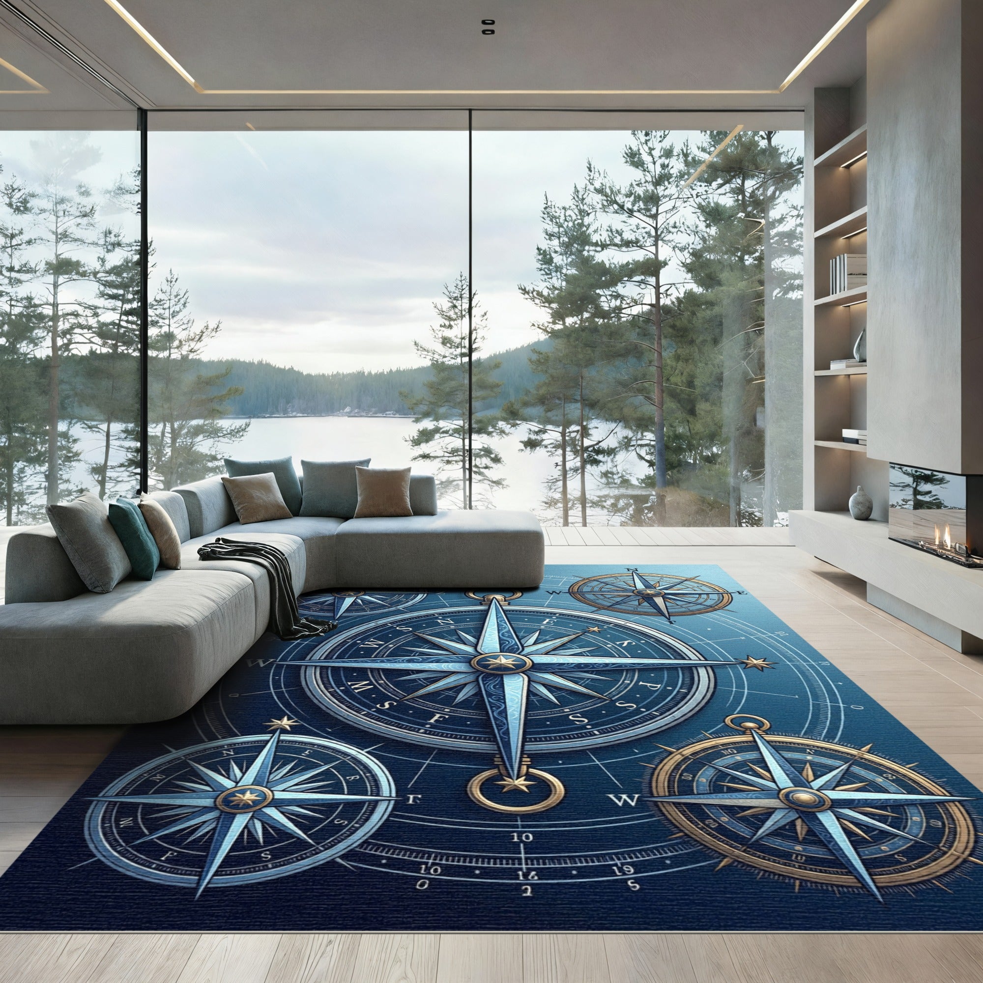 Celestial Blue Nautical Compass Rose Rug