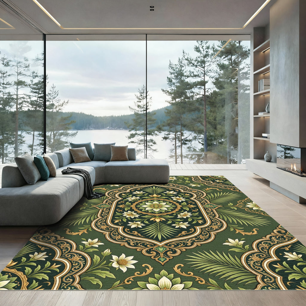 Emerald Green Floral Medallion Garden Rug