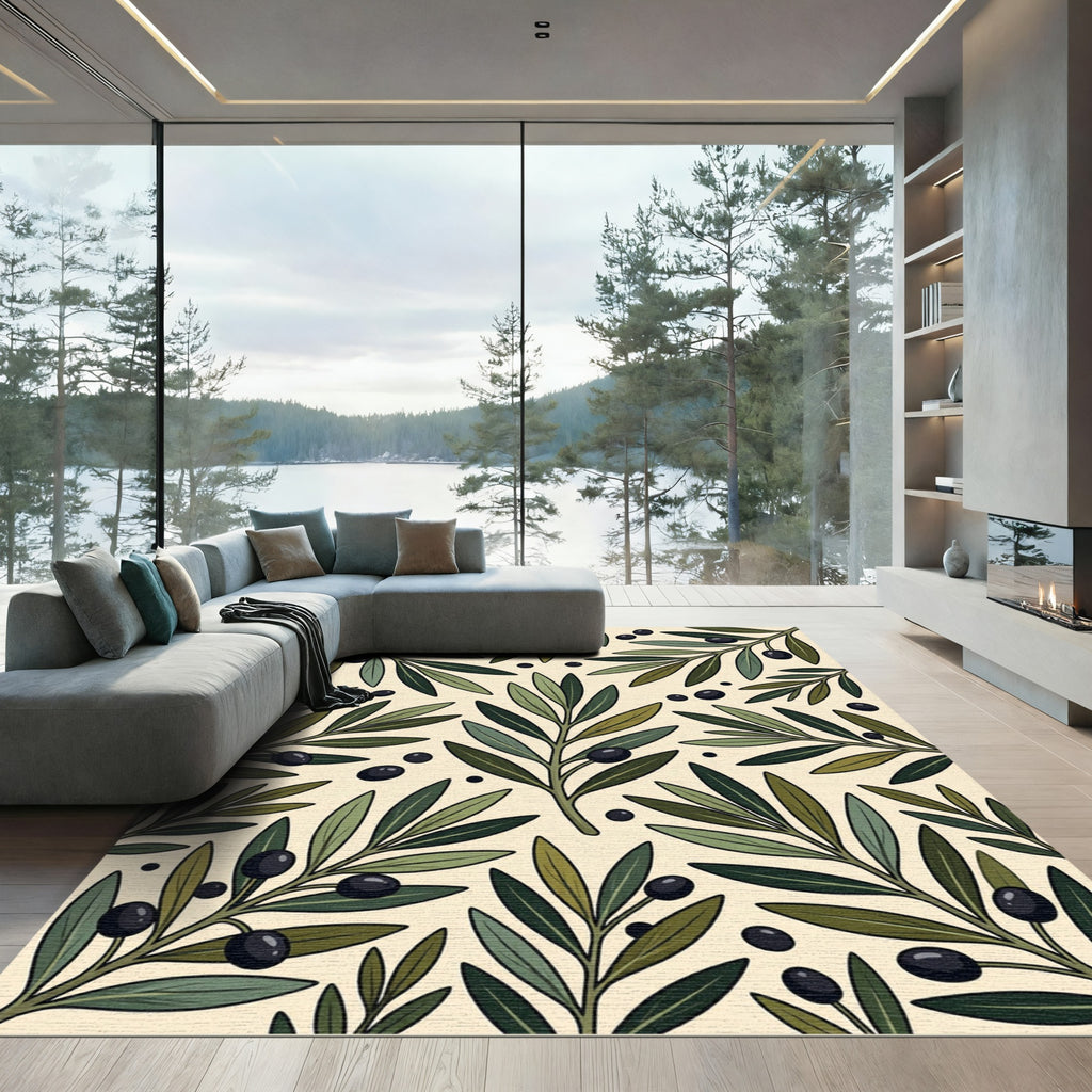 Olive Branch Botanical Cream Background Rug