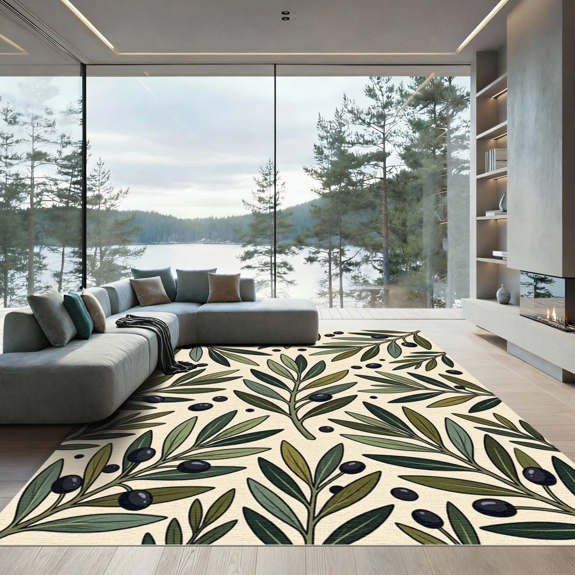 Olive Branch Botanical Cream Background Rug