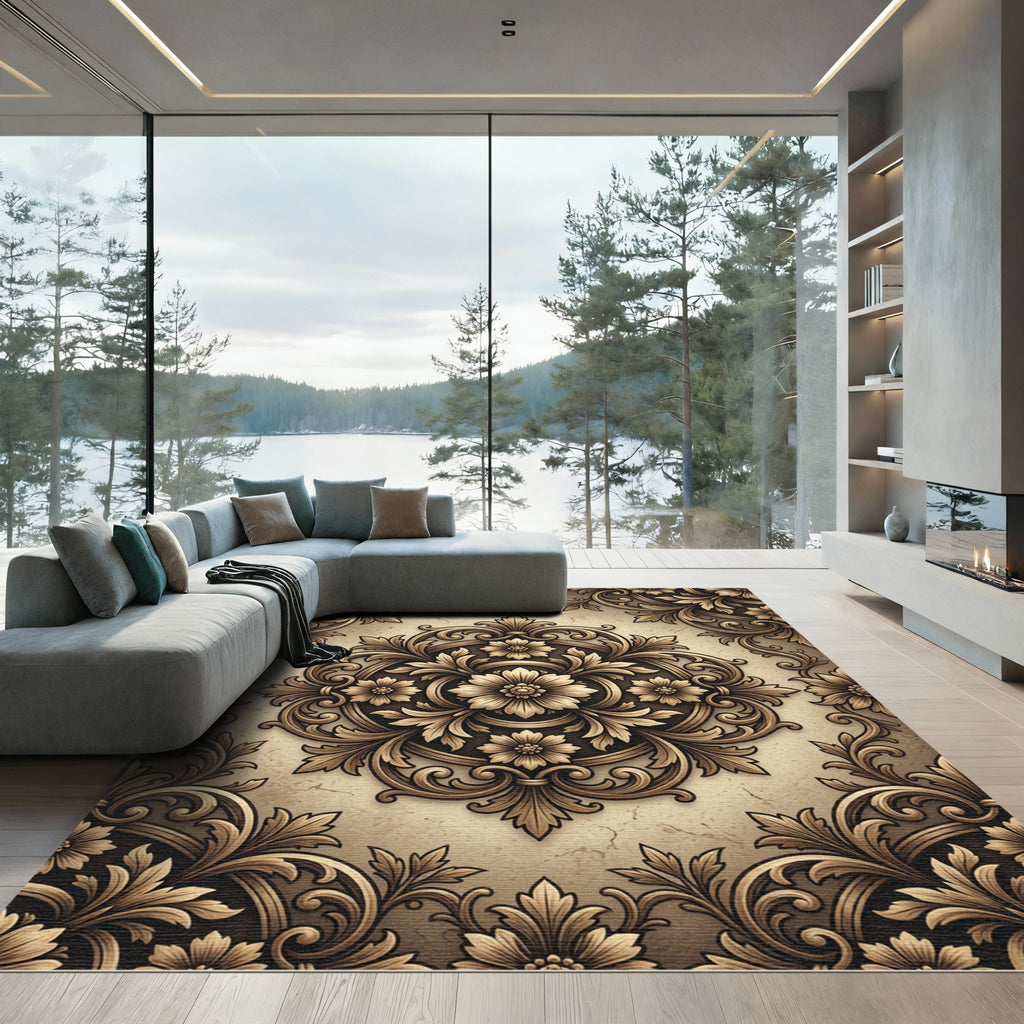 Intricate Bronze Floral Damask Medallion Rug